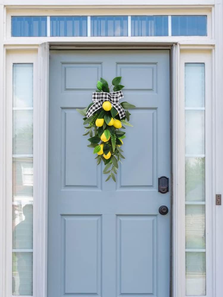 24 inch Artificial Lemon Teardrop Swag for Front Door Spring Summer Lemon Wreath with Lemons Bows and Green Leaves Fake Lemons Fruits Decoration for Wall Window Kitchen Home Decor(#1)
