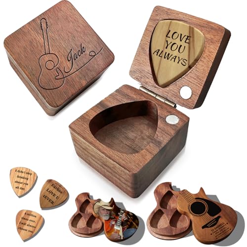 Personalized Guitar Picks Custom Guitar Pick Holder Case with 3 Pcs Customized Wooden Guitar Pick...