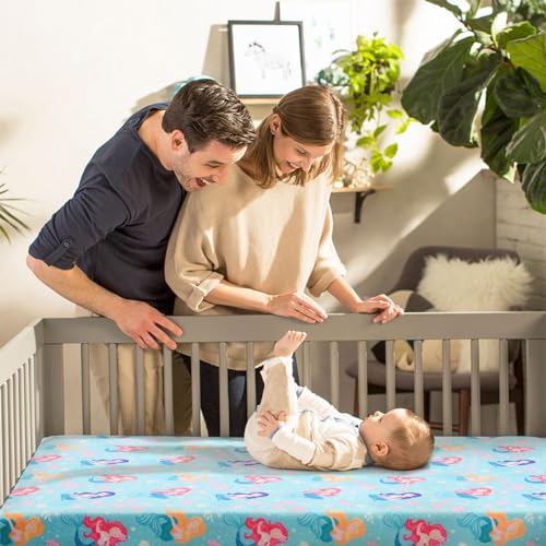 Image of JISEN Baby Crib Sheet 1 Piece Portable Fitted Crib Sheet for Standard Crib and Toddler Mattresses Nursery Bed Decor for Boys Girls 28x52 Inch Green Mermaids