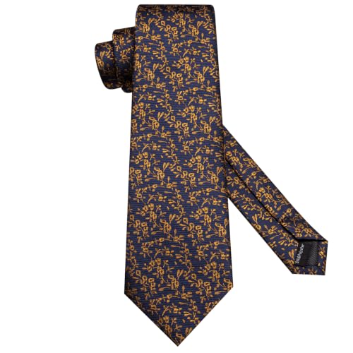 Image of Hi-Tie Men Silk Ties Set with Flower Lapel Pin Necktie Pocket Square Cufflinks for Tuxedo Wedding Business