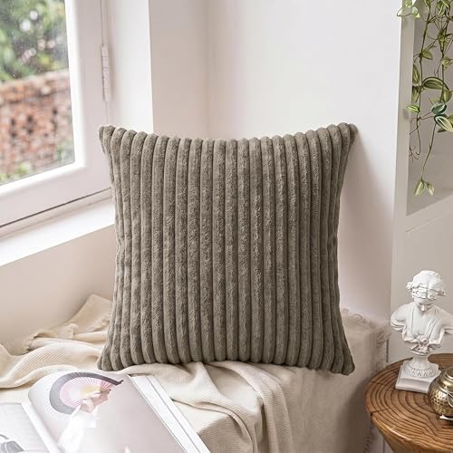 Image of Yellow Weaves Pencil-Stripe Fur Cushion Covers | Soft Polyester | Decorative Sofa & Throw Pillow Covers | 16x16 Inches, Pack of 2 (Mouse)