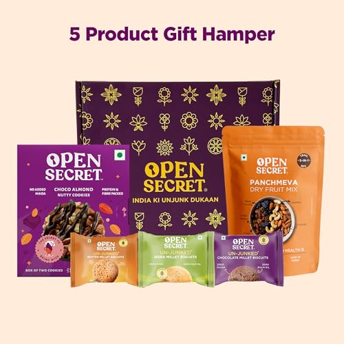 Image of Open Secret Premium Gift Hamper | Combo of 5 | Ideal Gifting for Christmas, Secret Santa & New Year Season | Healthy Assorted Snacks & Cookies | Panchmeva, Jeera, Chocolate & Butter Biscuits, Cookies | Dry Fruit Gift Box, Chocolate Gifts, Dry Fruits, Healthy Premium Hamper, Gifts for colleagues, Employee Gifting