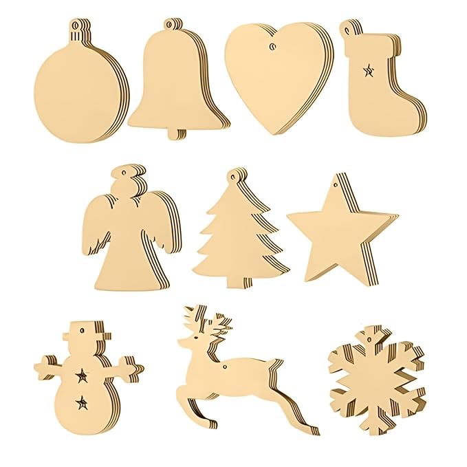 Christmas Wooden Ornament Craft Shapes – 30 Pcs | 2 Inch Plain Pine Wood Cutouts for DIY Painting & Xmas Tree Decoration | Reindeer, Snowflake, Star, Bell, Heart & More | Kids & Adults Holiday Art Craft Supplies-image-46