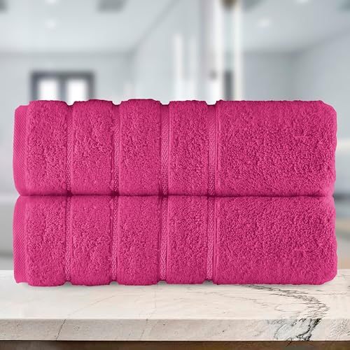 Image of Elegant Comfort 100% Turkish Cotton 4 Lines Viscose Stripe Luxury 2 Pack Bath Towel Set 27 x 54 Inch - Super Soft and Highly Absorbent Premium Hotel Spa Quality Towels for Bathroom Use, Hot Pink