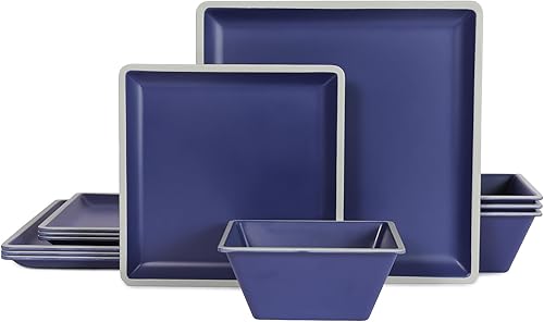 Juego de vajilla cuadrada de melamina, juego de platos y cuencos cuadrados duraderos, juego de 12 piezas irrompibles y ligeros, servicio para 4