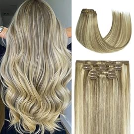 Clip in Hair Extensions, Honsoo Real Human Hair Balayage Mixed Bleach Blonde 12inch 70g 7pcs Straight Silky Hair Extensions For Women Natural Hair(12″#18613)