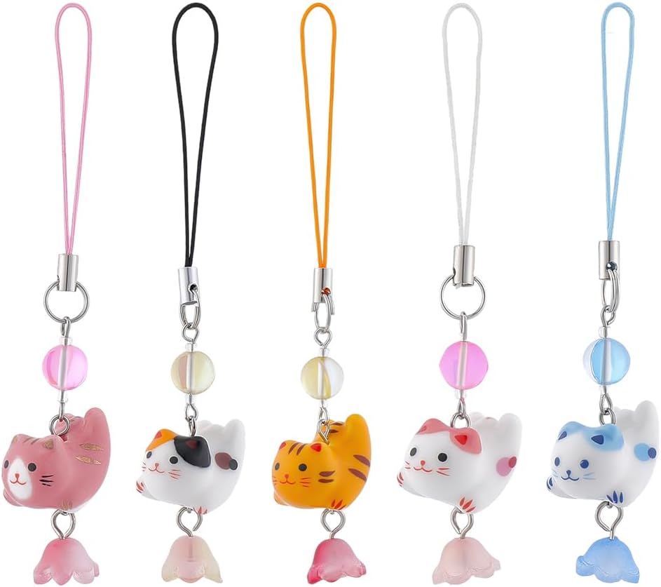 FINGERINSPIRE 5Pcs Animal Phone Charms 3.86inch Long Cute Cat Accessories 5 Colors Cat Porcelain & Glass Design Bag Charms Keychain for Backpack, Wallet, Cellphone, Camera Pendant Accessories Decor