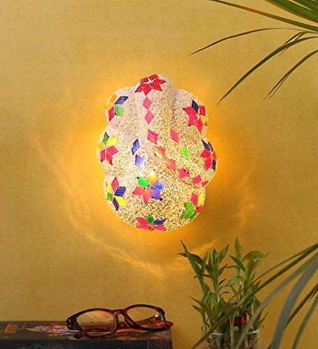 Image of Ganesha Wall Mounted Lamp - White Base with Multicolour Jewel Mosaic, Metal & Glass | Perfect for Home, Hall, Living Room, Bedroom, Hotel, Office Decoration | Decorative Light Lamp