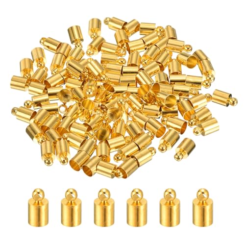 sourcing map 100 tapas de cuero para cuerdas, terminadores de barril de columna de 4,5 mm de diámetro exterior para hacer pulseras de cuero, borlas, tono dorado