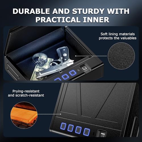 Bonsaii Gun Safe for Handgun, 3 Ways Quick Access Biometric Gun Safe for Pistols, Fingerprint Pistol Safe with Type-C Port, Small Handgun Safe Lock Box with Light for Nightstand, Bedside, Car, Home by bonsaii - Image 5