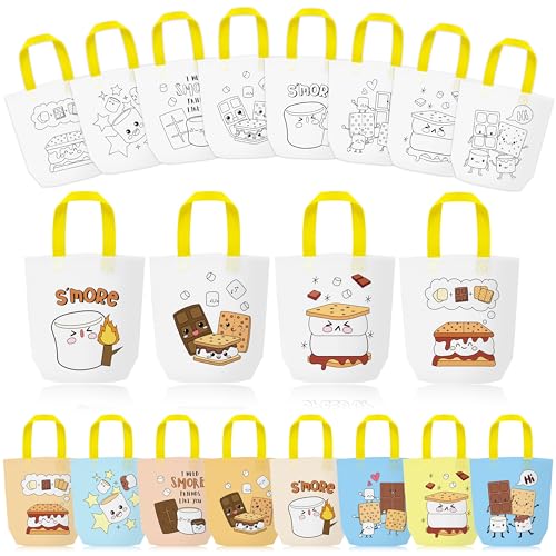 Image of Marshmallow Coloring Goodies Bags for Kids - 24Pcs Campfire Camping Bulk Color Your Own Gift Bags with Handle Marshmallow Reusable Non Woven Coloring Tote Bag for DIY Activity Birthday Party Supplies