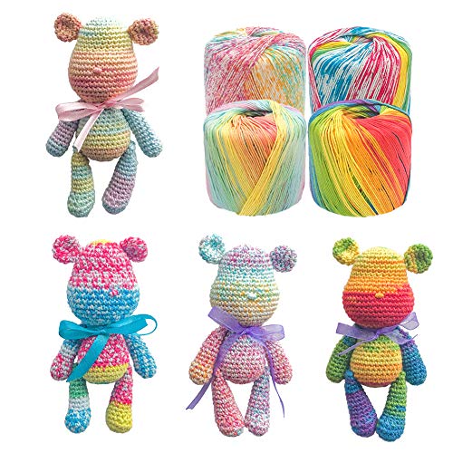 JeogYong 0.9 mm Variegated Cotton Crochet Thread Size 3, Pack of 4 Balls, Popular Rainbow Colors, 145 Yards 100% Long Staple Cotton Knitting Threadr Balls for Crochet, Cross Stitch, Knitting Crafts