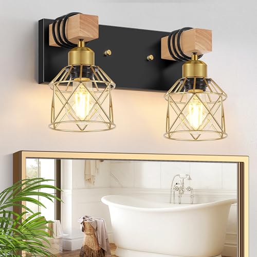 Image of FadimiKoo Rustic Style Wood Bathroom Wall Sconces, 2-Light Black Gold Bathroom Vanity Light Fixtures with Metal Shade, Light Fixtures Wall Mount for Living Room, Hallway, Dressing Table
