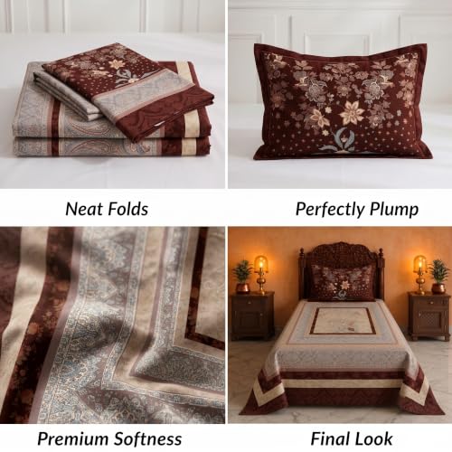 Image of BSB HOME 240 TC Cotton Single Bedsheet, Premium Soft & Breathable Single Bed Sheet, Skin Friendly Durable Printed Bed Cover for Bedroom, Elegant Cotton Bedding, 60 x 90 Inches - Deep Chestnut