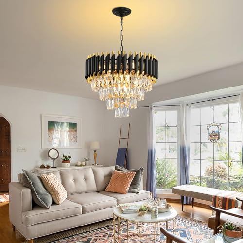 Image of Modern Crystal Chandeliers Black Gold K9 Crystal 4 Tier Round Crystal Chandelier Ceiling Light Fixture for Living Room and Hallway| Modern Ceiling Light Jhumar for Hall Light (Black, 500mm)