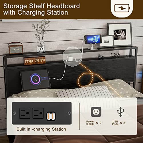 IKIFLY-Queen-Size-Lift-Up-Storage-Bed-with-Storage-Shelf-Headboard-Metal-Queen-Platform-Bed-Frame-with-Charging-Station-Solid-Wood-Slats-No-Box-Spring-NeededEasy-Assembly-Black