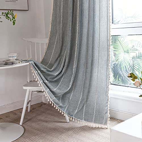 Nakedcloud Boho Curtains For Bedroom 2 Panels Set French Country Modern Farmhouse Cotton Window Curtain Panels With Embroidery For Living Room Tassels Light Blue Curtains 55" W X 84" #TOP11