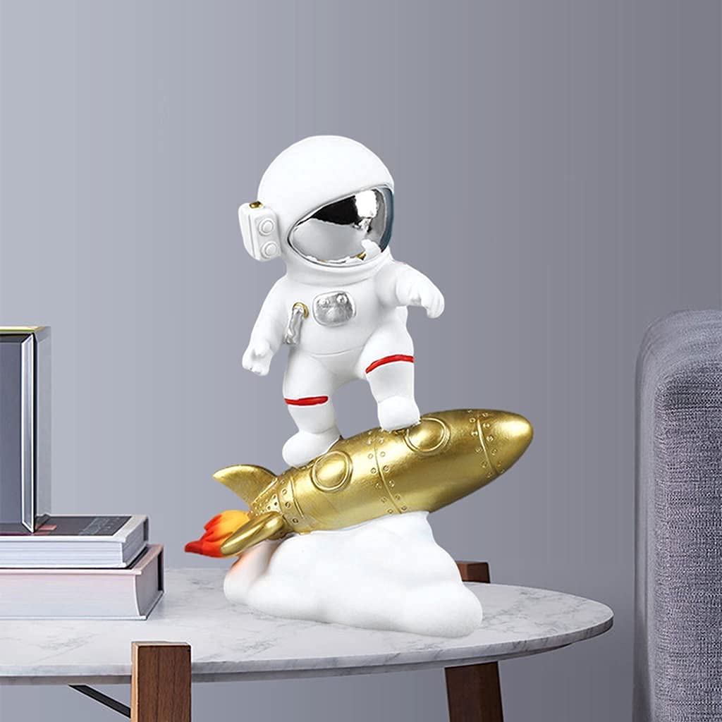 Figura de astronauta de resina, escultura de astronauta, estatua del espacio exterior para decoración del hogar, adorno de oficina, cohete dorado