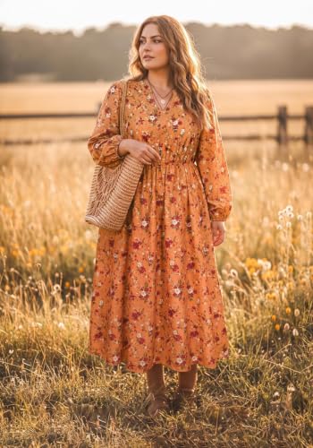 Image of TIYOMI Womens Plus Size Dresses Fall Long Sleeve Maxi Dresses V Neck Floral Spring Party Dress with Pockets XL-5XL (14W-28W)