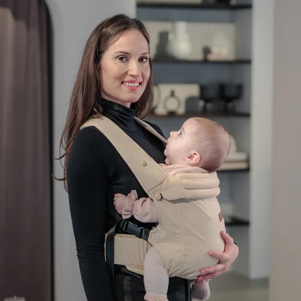 LIINI® Babytrage aus Leinen (Beige) – ab Geburt (3,5 kg) bis 15 kg, verstellbare Träger, Kopfstütze, Klickverschluss, ergonomisch & bequem – CE EN71-3 & SGS EN13209-2