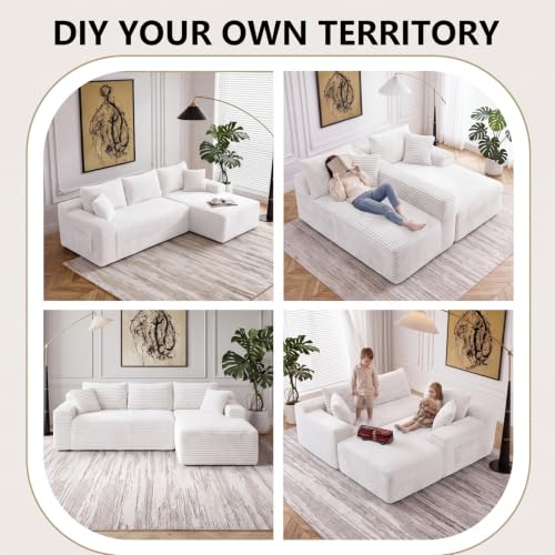Image of 94.5 inch L Shaped Boneless Sectional Corduroy Couches for Living Room (White)