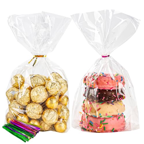 NPLUX Clear Cellophane Treat Bags 100 Pack 6 x 9 x 2.4 in Flat Bottom Cellophane Bags with Twist Ties Gusseted Goodie Bags for Cookies Candy Popcorn Party Favor Small Gift Packaging Graduation Gift Bags