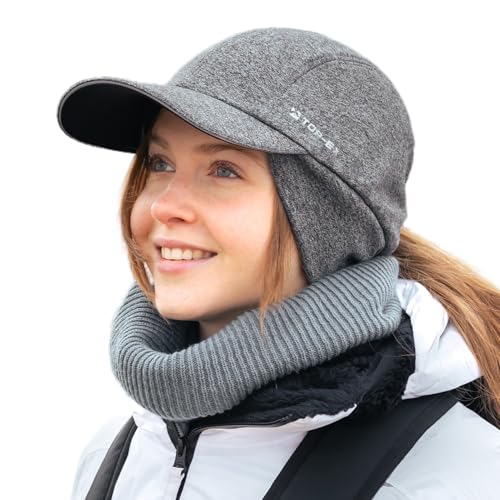 TOP-EX M/L/XL Waterproof Baseball Cap for Women with Ear Cover Running Beanie with Ponytail Hole Reflective Winter Hat Cold Weather Fleece Lined Hat Grey L/XL