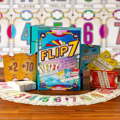 USAopoly The OP Flip 7 Kartenspiel auf Englisch für die ganze Familie | Wettbewerbs-Partyspiel für 3 oder mehr Spieler | Push-Your-Luck und Strategiespiel, Finalist Spielzeug des Jahres