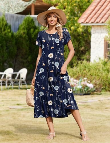 Image of Zeagoo Women Summer Midi A Line Dress Short Sleeve Casual Flowy Tiered Beach Long Sundress with Pockets 2026 Vacation Travel