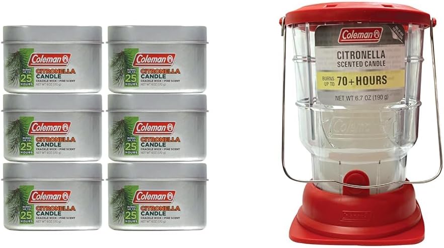 Coleman Pine and Citronella Candle Bundle - 6 Pack of 6 oz Candles and 6.7 oz Lantern