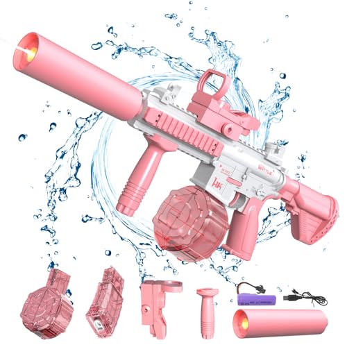 Electric Water Gun, Automatic Squirt Gun for Kids Adults, 120CC + 370CC Large Capacity Water Blaster Rifle up to 32 FT Long Range, Water Gun Toy Gift for Summer Outdoor Swimming Pool Beach (Pink)