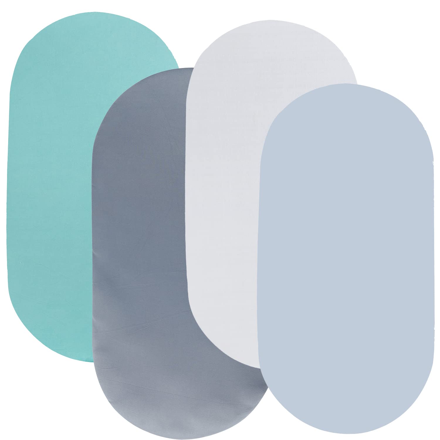 TontukatuBassinet Sheet Set 4 Pack Snug Fitted Cradle Fitted Sheets, Stretchy Ultra Soft, Oval Rectangle Hourglass Bassinet Mattress, Unisex Boy Girl, Green/Grey/White/Lt Blue (4PSHUIBAILVLAN-TT041)