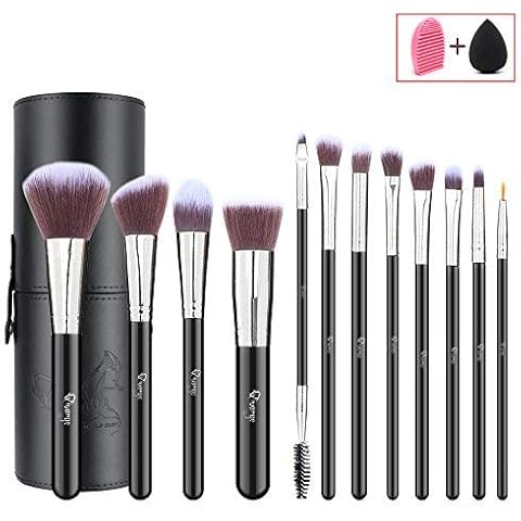 Makeup brushes set,Qivange Cosmetic brush with Portable Travel Leathe Cosmetic case-Makeup Brush Set Eyeshadow Brush Cleaner and Blending Sponge(Black with Sliver) Cover
