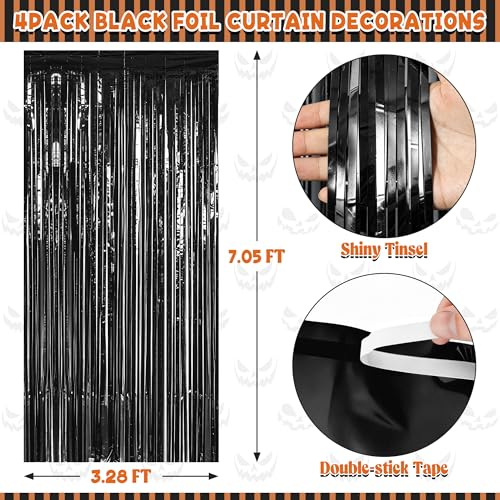 Image of ZATAYE 4 Pack Black Halloween Foil Curtain Streamer Decorations | Black, Metallic Foil, 3.28 x 7.05 FT, Tinsel Backdrop, Foil Curtain Streamer, Halloween New Years Eve Party