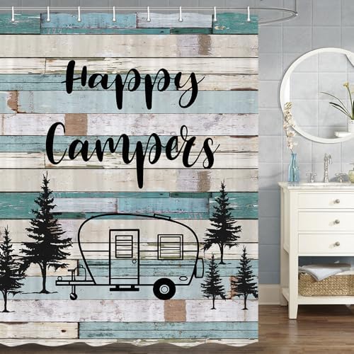 Happy Camper Shower Curtain Retro Rustic Wood Neutral Color