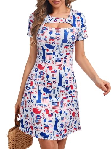 Image of 4th of July Dress Women Cut Out Casual Summer Short Sleeve Sundress Patriotic USA Shirts American Flag Outfits