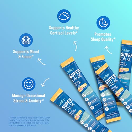 Image of Nello Supercalm Powdered Drink Mix, Cortisol Reducer* and Sleep Aid Supplement, L Theanine, Ksm-66 Ashwagandha, Magnesium Glycinate, Vitamin D 3, No Sugar, Non GMO, 20 Ct, Tropical Tangerine