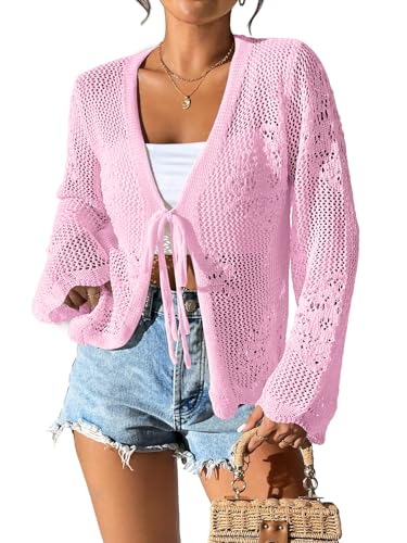 Image of Womens Tie Front Lightweight Crochet Cardigan Shrugs Knit Cardigan Crop Tops Cover Up