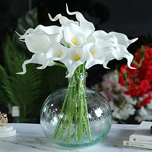 NatureMan 10 pcs Artificial Calla Lily Flowers 13.4 Artificial Real Touch Latex Flowers,Wedding Bouquet Centerpiece Decorations, Home Wedding Party Decor (White-Yellow core)