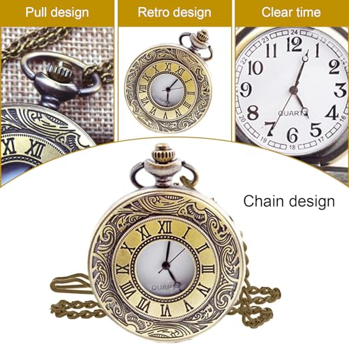 Vintage Pocket Watch, 1.85in Quartz Pocket Watch, Metal Roman Numerals Stylish Pocket Watch with Chain, Mens Birthday Gift Set Anniversary Day Husband Christmas Gifts Father's Day Gifts(Bronze Colour) - Image 4