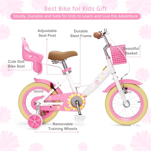 Image of Glaf Toddler Girls Bike for Age 2-9 Years 12 14 16 20 Inch Kids Bike | Girls Bicycle,Toddler Bike,Doll Seat, Basket, Adjustable Seat, Bell,