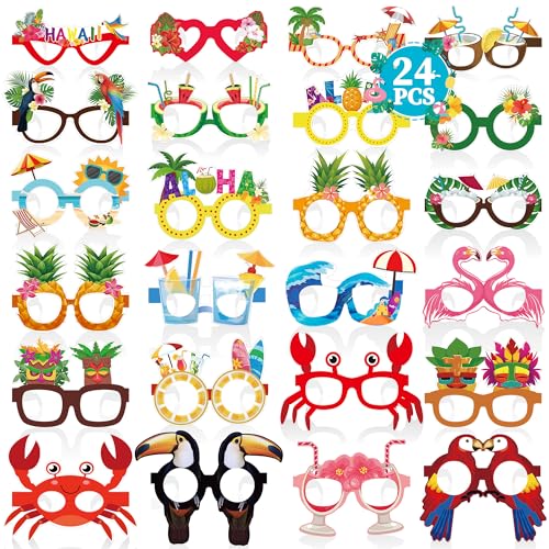 24PCS Hawaiian Party Decorations, Hawaiian Cardboard Glasses Bulk, Luau Party Sunglasses Frame Tropical Dress Pool Props Accessories, Hawaii Carnival Summer Pool Party Decorations for Women Men