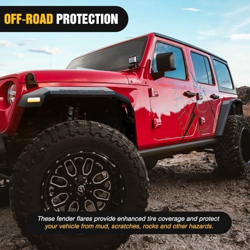 Image of Nilight JL JLU Wide Flat Front & Rear Fender Flares for 2018-2025 Jeep Wrangler JL&JL Unlimited 2 /4Doors (No fit 2020+ Gladiator JT) 4Pcs Off-Road Wheel Fenders w /LED Lights Turn Signal Lights DRL