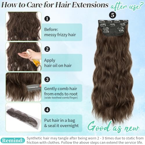 Image of KooKaStyle Wavy Thick Clip in Hair Extensions 24 inch Chocolate Brown | Natural Volume & Seamless, 4 Pieces Clip in Extensions,Fiber Double Weft Hairpieces,Long Wave Synthetic Hairpiece for Women