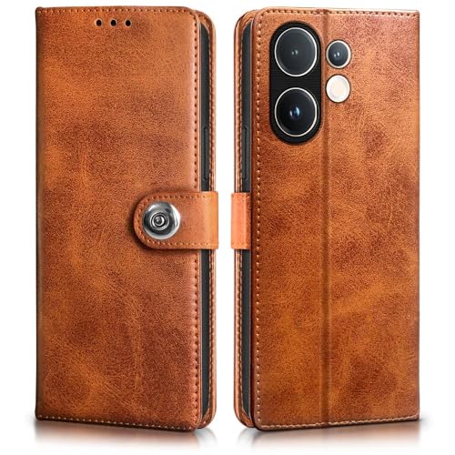 Image of WOW IMAGINE Shock Proof Flip Cover Back Case for Vivo V60 5G | V60e 5G | Vivo T4 Pro 5G (Designer Magnetic Button Flip Case | Inbuilt Wallet Pockets & Stand | Leather Finish | Alder Brown)