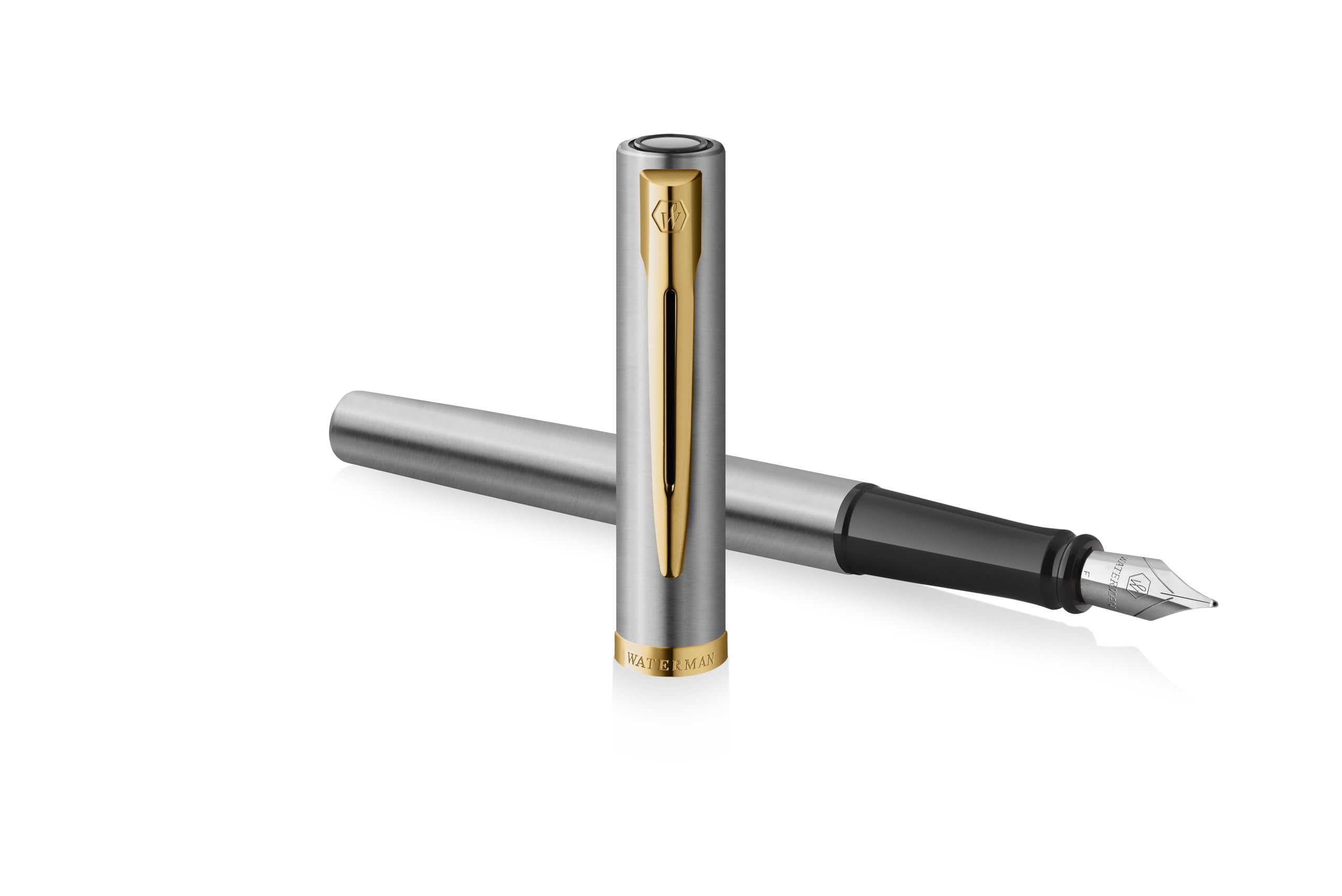 Waterman Impression Juego de bolígrafos y plumas estilográficas con grabado, pluma premium personalizada, elegante juego de escritura para hombres y mujeres, tinta azul (Stainless Steel GT)