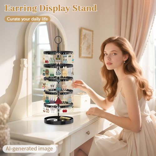 Image of MODOWEY 5 Tier Rotating Earring Holder Organizer, Adjustable Display Tree with Metal Tray, 220 Holes Jewelry Rack for Pierced Stud Hoop Dangle, Large Capacity Space-Saving Stand for Women (Black)