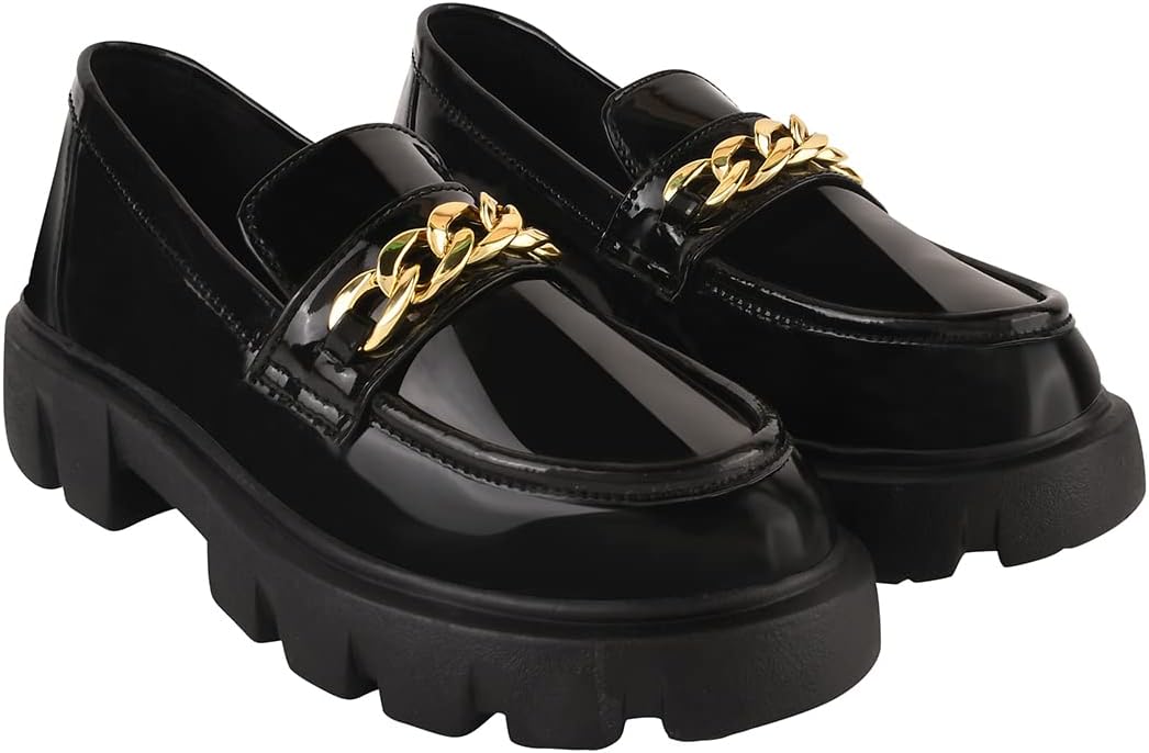 Smart Casual Chain Detailed Black Loafers for Women & Girls /UK5
