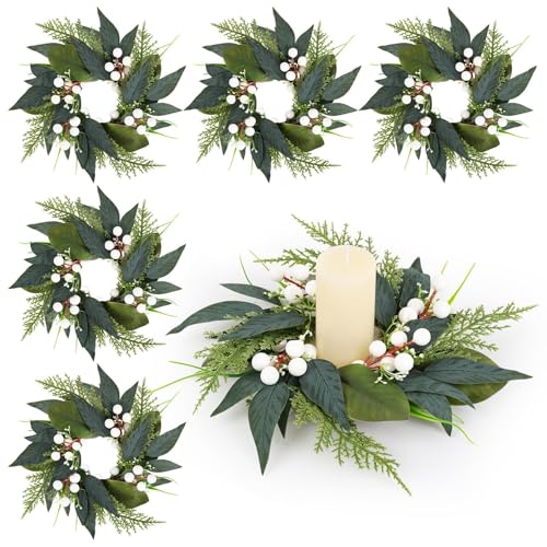 Image of 6 PCS 3 Inch Spring Summer Candle Rings Wreaths Mini Green Candle Rings Wreath Artificial Wreath with Eucalyptus Leaves and White Berries for Wedding Party Table Farmhouse Home Decorations