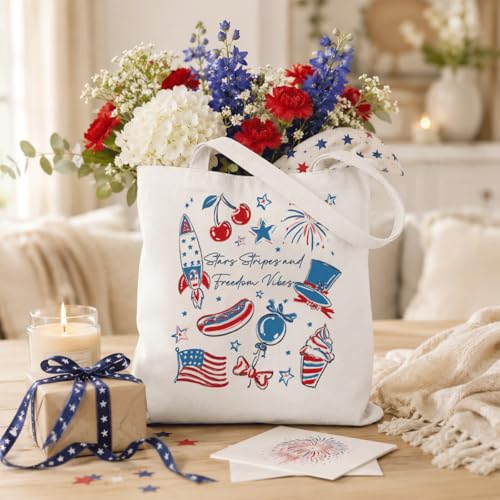 Bolso tote de lona patriótico con estrellas y rayas, regalo para el 4 de julio, ideal para verano, playa y fiestas, 35 x 40 cm miniatura 5